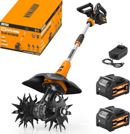 Alloyman 20V Cordless Tiller Cultivator, 360RPM Electric Garden Tiller, with 2 * 4.0Ah Batteries & Charger, 9In Tilling Width and 6.6In Depth Garden Rototiller for Lawn/Gardening/Soil Cultivation