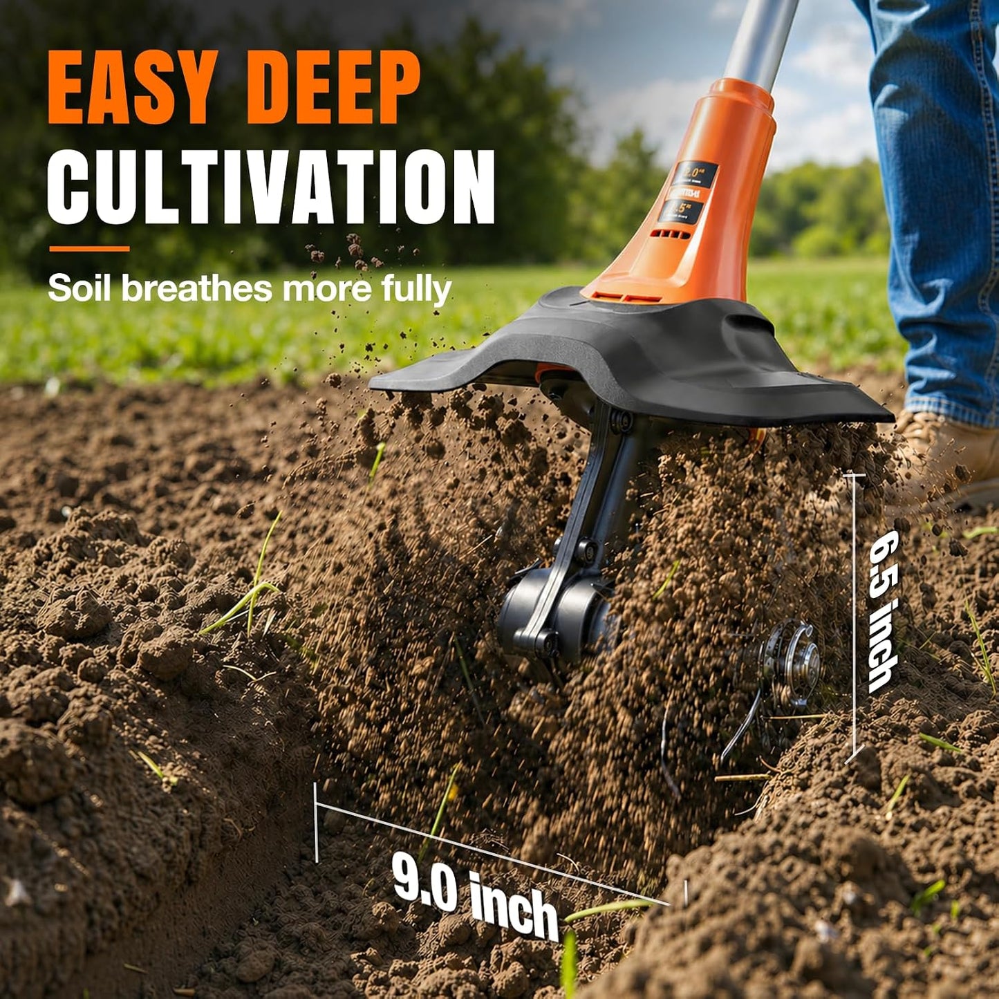 Alloyman 20V Cordless Tiller Cultivator, 360RPM Electric Garden Tiller, with 2 * 4.0Ah Batteries & Charger, 9In Tilling Width and 6.6In Depth Garden Rototiller for Lawn/Gardening/Soil Cultivation