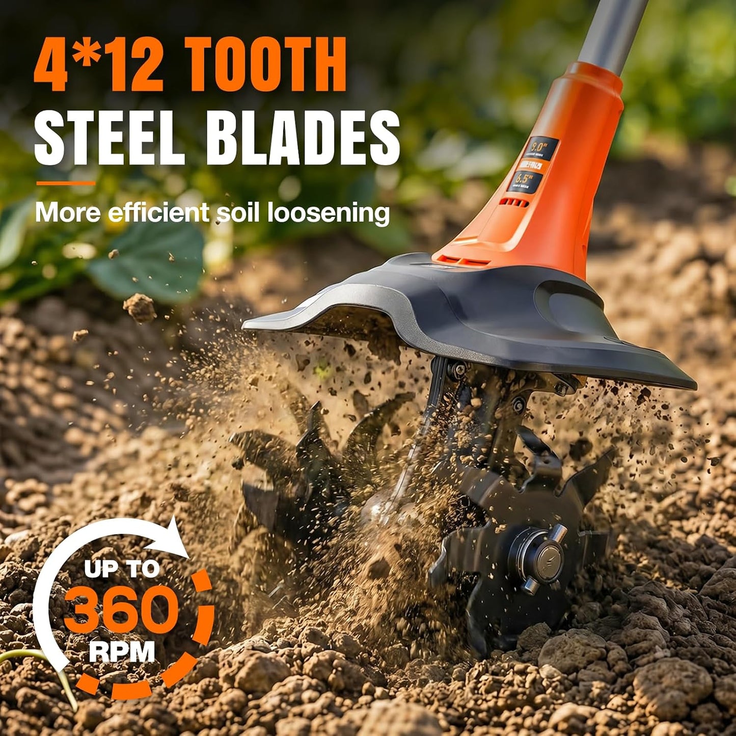Alloyman 20V Cordless Tiller Cultivator, 360RPM Electric Garden Tiller, with 2 * 4.0Ah Batteries & Charger, 9In Tilling Width and 6.6In Depth Garden Rototiller for Lawn/Gardening/Soil Cultivation