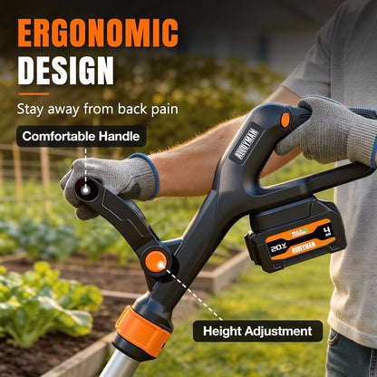 Alloyman 20V Cordless Tiller Cultivator, 360RPM Electric Garden Tiller, with 2 * 4.0Ah Batteries & Charger, 9In Tilling Width and 6.6In Depth Garden Rototiller for Lawn/Gardening/Soil Cultivation