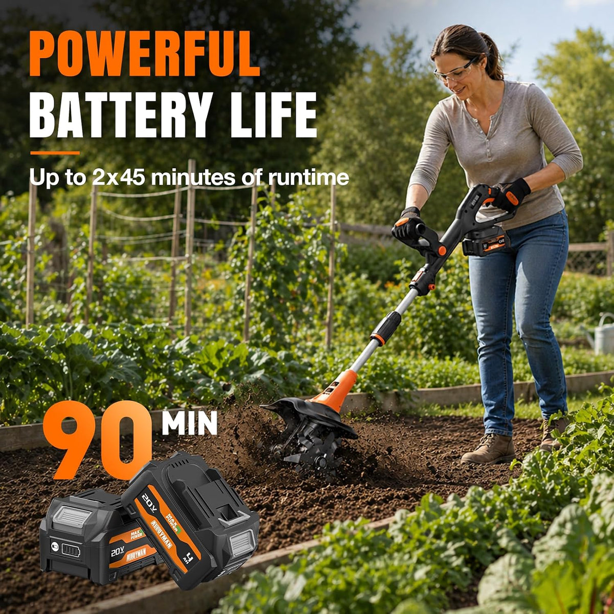 Alloyman 20V Cordless Tiller Cultivator, 360RPM Electric Garden Tiller, with 2 * 4.0Ah Batteries & Charger, 9In Tilling Width and 6.6In Depth Garden Rototiller for Lawn/Gardening/Soil Cultivation