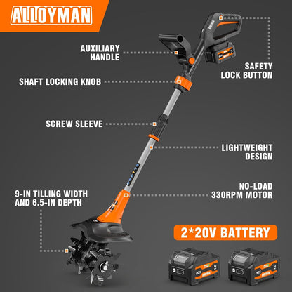 Alloyman 20V Cordless Tiller Cultivator, 360RPM Electric Garden Tiller, with 2 * 4.0Ah Batteries & Charger, 9In Tilling Width and 6.6In Depth Garden Rototiller for Lawn/Gardening/Soil Cultivation