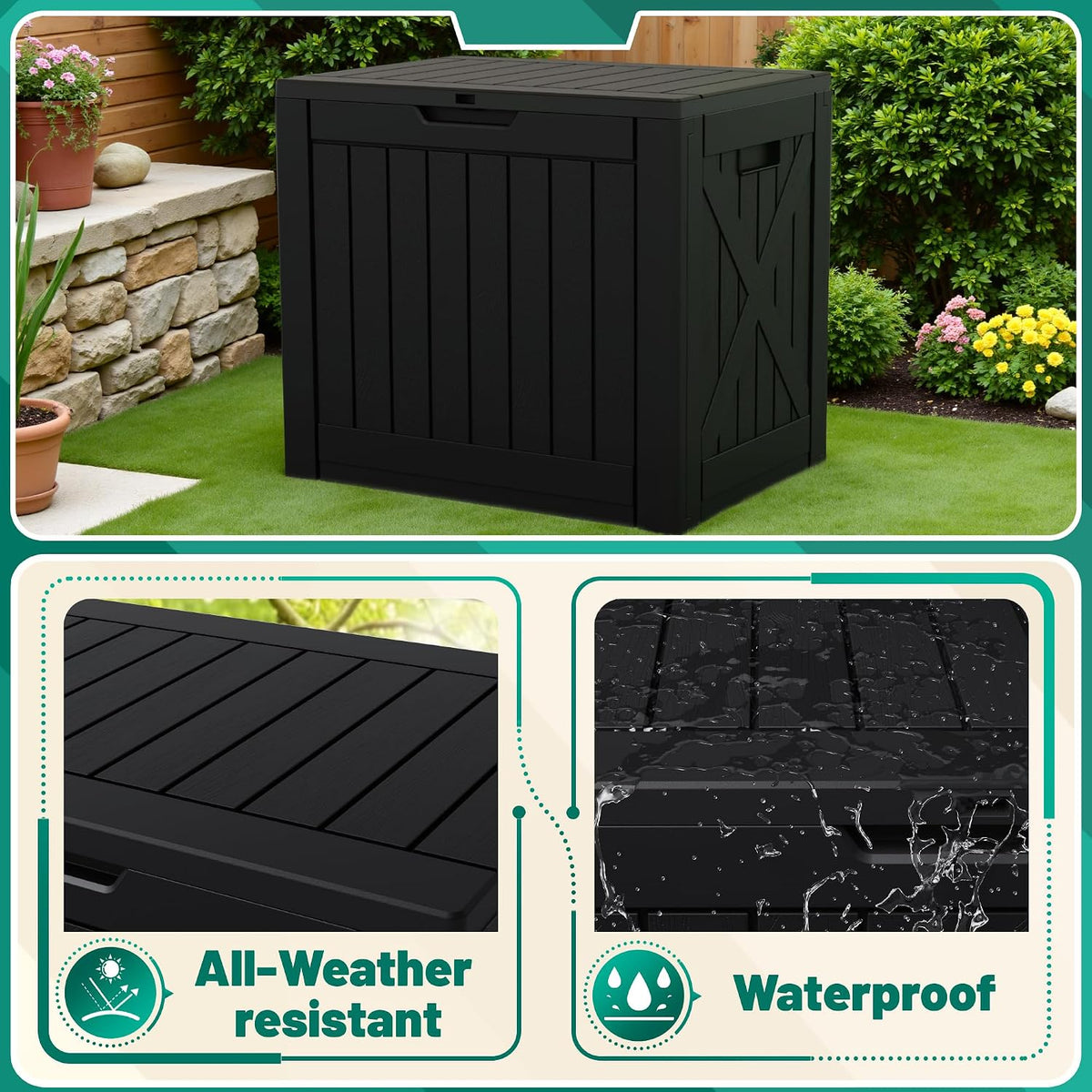 30 Gallon Resin Deck Box Waterproof Outdoor Storage Box for Patio Furniture Pool Accessories Indoor Storage for Cushion Garden Tools (30 Gallon, Black)