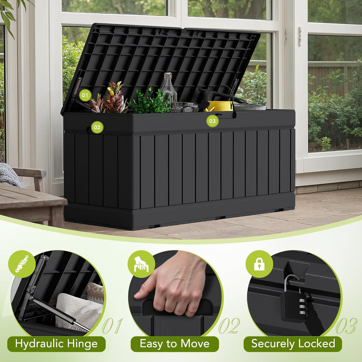 30 Gallon Resin Deck Box Waterproof Outdoor Storage Box for Patio Furniture Pool Accessories Indoor Storage for Cushion Garden Tools (30 Gallon, Black)