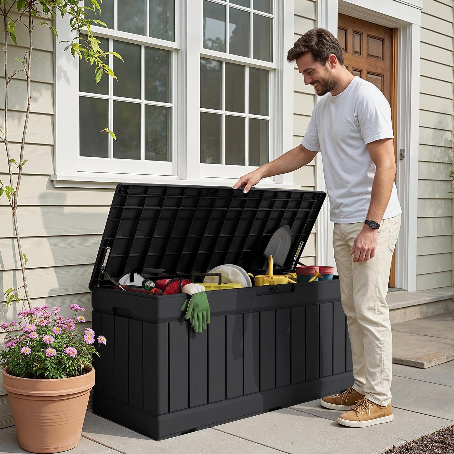 30 Gallon Resin Deck Box Waterproof Outdoor Storage Box for Patio Furniture Pool Accessories Indoor Storage for Cushion Garden Tools (30 Gallon, Black)