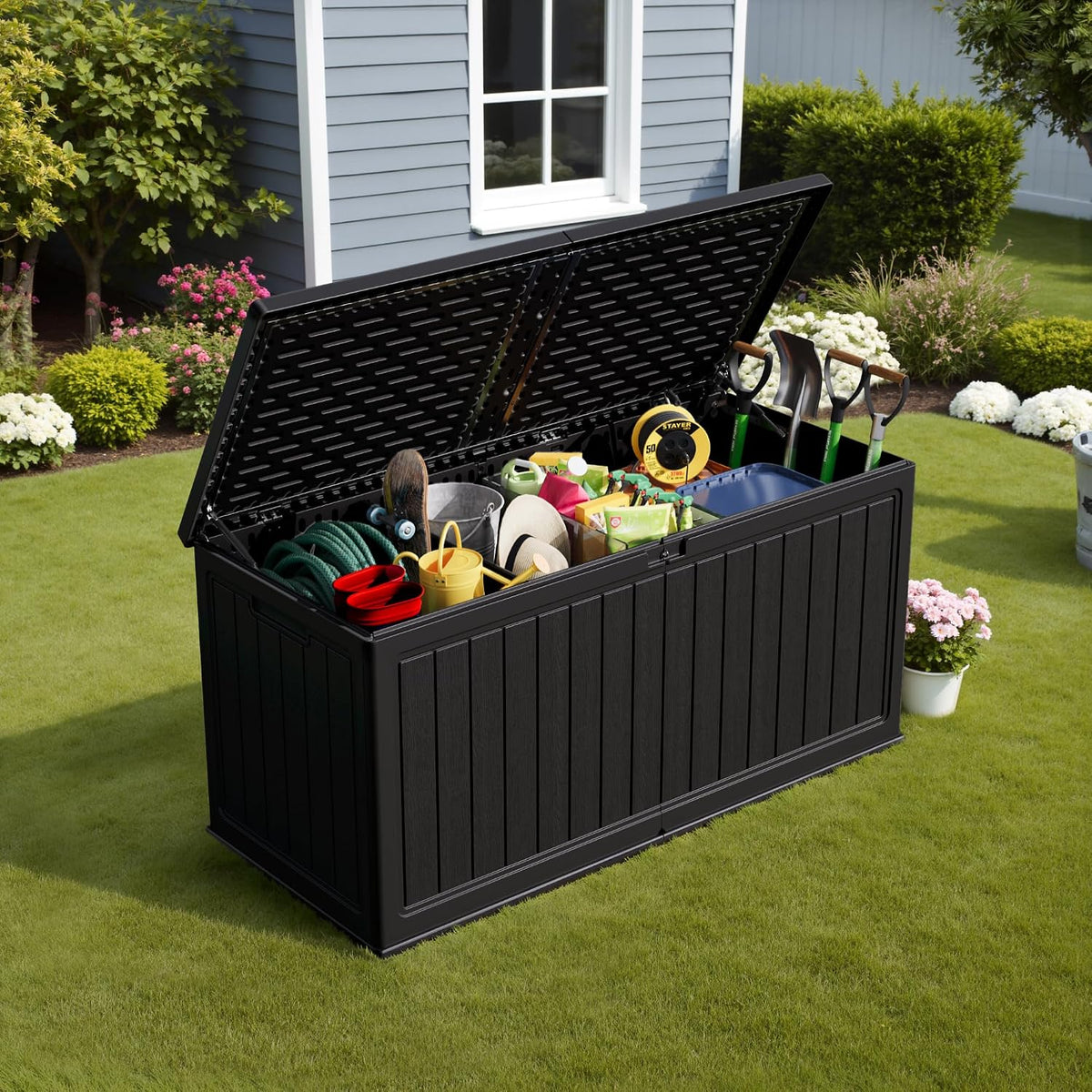 30 Gallon Resin Deck Box Waterproof Outdoor Storage Box for Patio Furniture Pool Accessories Indoor Storage for Cushion Garden Tools (30 Gallon, Black)