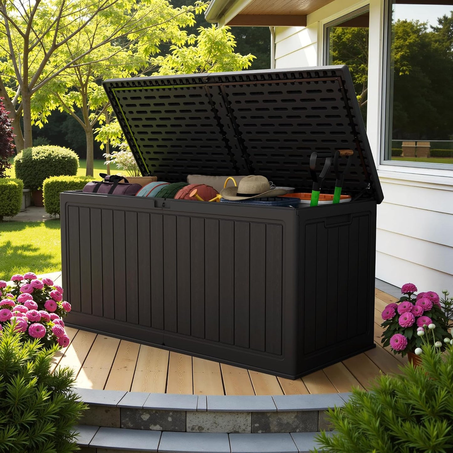 30 Gallon Resin Deck Box Waterproof Outdoor Storage Box for Patio Furniture Pool Accessories Indoor Storage for Cushion Garden Tools (30 Gallon, Black)