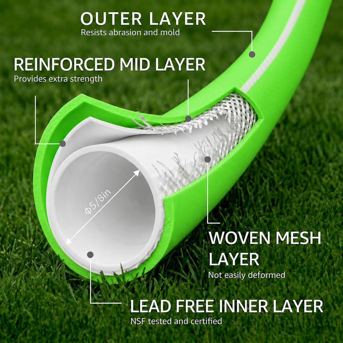 Hybrid Polymer Leader Hose, 5/8" ID x 3 FT, Green, 3/4" GHT Aluminum Fittings, Drinking Water Safe, Hose Reel Connecting Hose