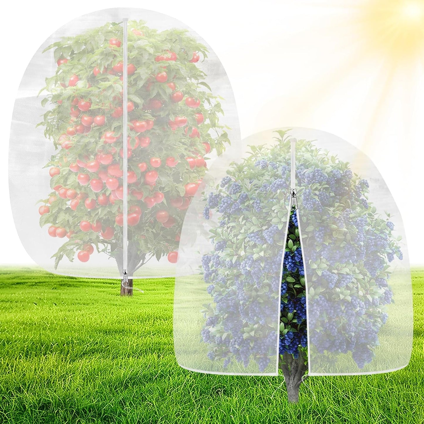 2 Pack Bird Netting for Garden, 8 x 8 FT Blueberry Bush Netting Cover with Zipper, Drawstring Reusable Mesh Plant Protector for Shrubs Bush Fruit Tree Potted