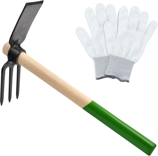 Hoe and Cultivator Hand Tiller Hoe Cultivator 2 in 1 Hand Garden Tools with Wooden Handle Sturdy 3 Claw Tiller Carbon Steel Heavy Duty for Loosening Soil, Weeding, Cultivating and Digging