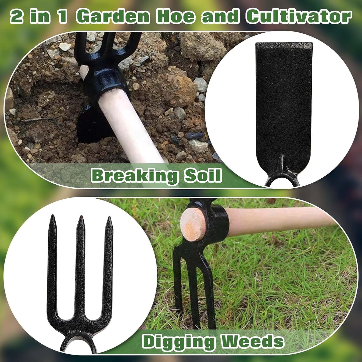 Hoe and Cultivator Hand Tiller Hoe Cultivator 2 in 1 Hand Garden Tools with Wooden Handle Sturdy 3 Claw Tiller Carbon Steel Heavy Duty for Loosening Soil, Weeding, Cultivating and Digging