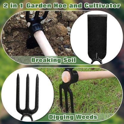 Hoe and Cultivator Hand Tiller Hoe Cultivator 2 in 1 Hand Garden Tools with Wooden Handle Sturdy 3 Claw Tiller Carbon Steel Heavy Duty for Loosening Soil, Weeding, Cultivating and Digging