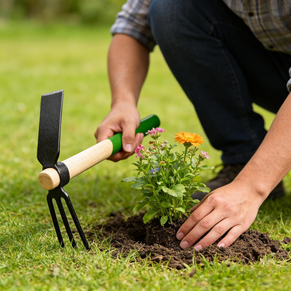 Hoe and Cultivator Hand Tiller Hoe Cultivator 2 in 1 Hand Garden Tools with Wooden Handle Sturdy 3 Claw Tiller Carbon Steel Heavy Duty for Loosening Soil, Weeding, Cultivating and Digging