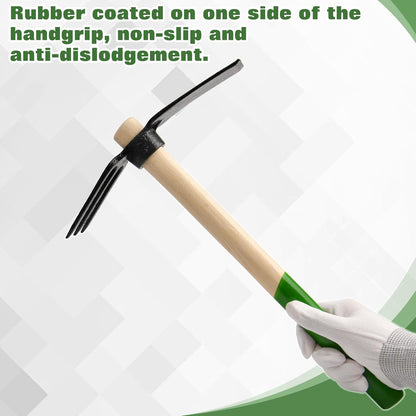 Hoe and Cultivator Hand Tiller Hoe Cultivator 2 in 1 Hand Garden Tools with Wooden Handle Sturdy 3 Claw Tiller Carbon Steel Heavy Duty for Loosening Soil, Weeding, Cultivating and Digging