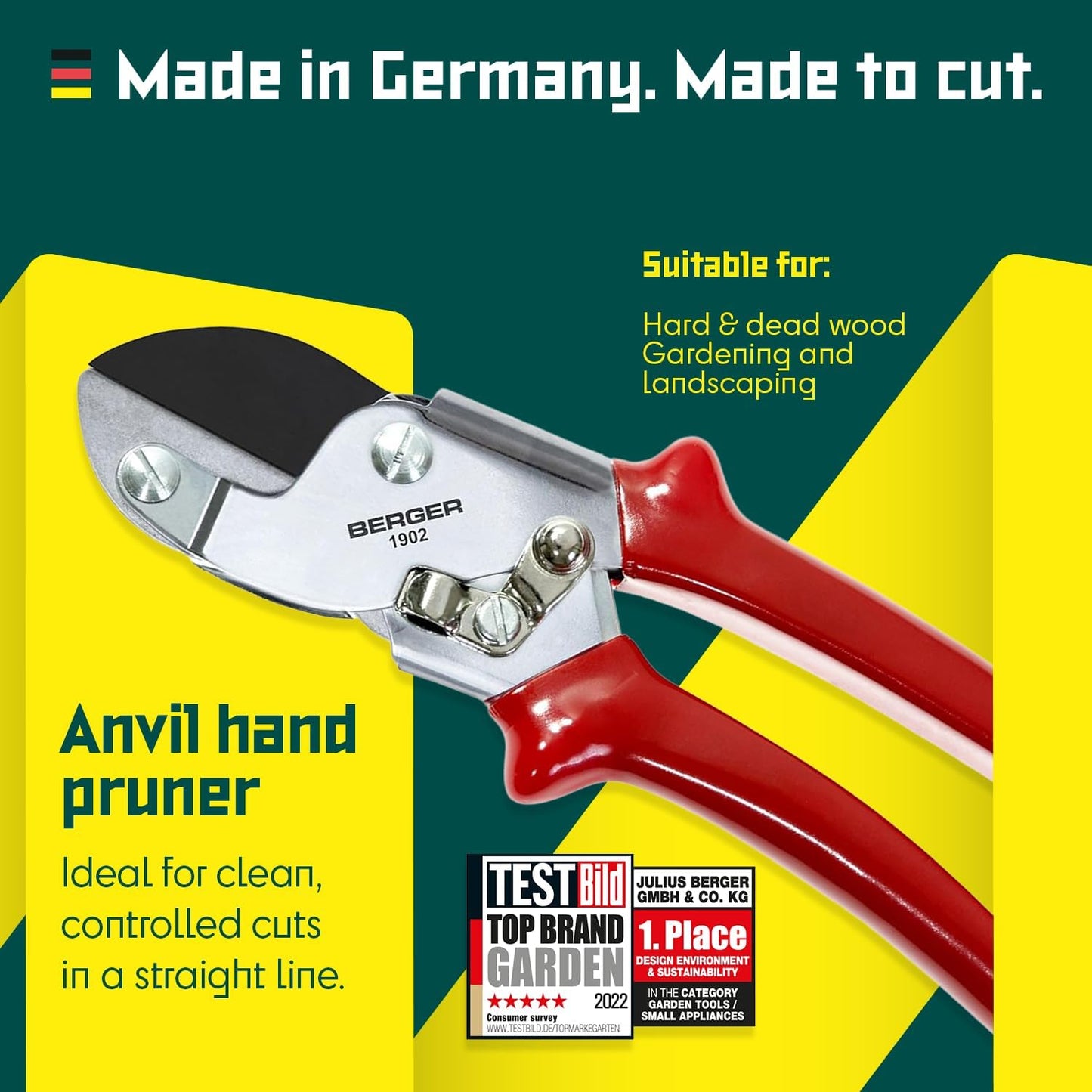 BERGER Anvil Hand Shears – Professional Garden Pruners with Anti-Stick Replaceable Blade, Non-Slip Handles, For Cutting Hard & Resinous Wood, Trimming – 1902