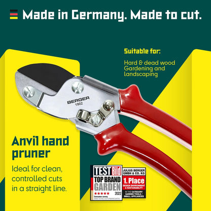 BERGER Anvil Hand Shears – Professional Garden Pruners with Anti-Stick Replaceable Blade, Non-Slip Handles, For Cutting Hard & Resinous Wood, Trimming – 1902
