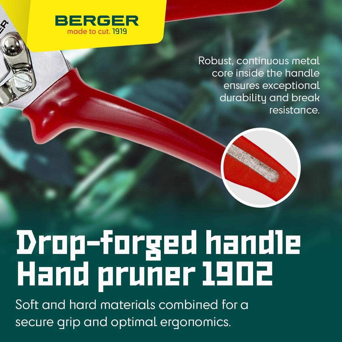 BERGER Anvil Hand Shears – Professional Garden Pruners with Anti-Stick Replaceable Blade, Non-Slip Handles, For Cutting Hard & Resinous Wood, Trimming – 1902