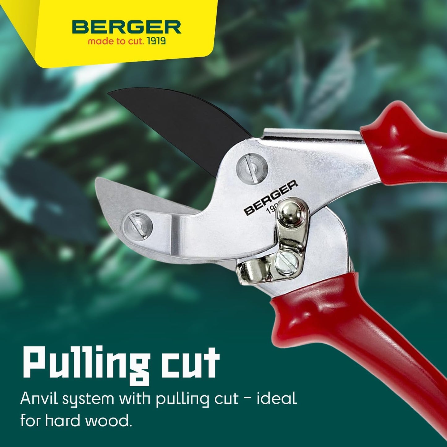 BERGER Anvil Hand Shears – Professional Garden Pruners with Anti-Stick Replaceable Blade, Non-Slip Handles, For Cutting Hard & Resinous Wood, Trimming – 1902