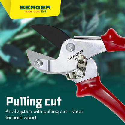 BERGER Anvil Hand Shears – Professional Garden Pruners with Anti-Stick Replaceable Blade, Non-Slip Handles, For Cutting Hard & Resinous Wood, Trimming – 1902