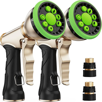 Garden Hose Nozzle, Heavy Duty Metal Water Hose Sprayer Nozzle with 9 Adjustable Spray Patterns, High Pressure Hand Sprayer for Watering Plants, Lawns, Car and Pet Washing (2Pack, Green)