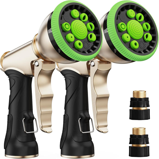 Garden Hose Nozzle, Heavy Duty Metal Water Hose Sprayer Nozzle with 9 Adjustable Spray Patterns, High Pressure Hand Sprayer for Watering Plants, Lawns, Car and Pet Washing (2Pack, Green)