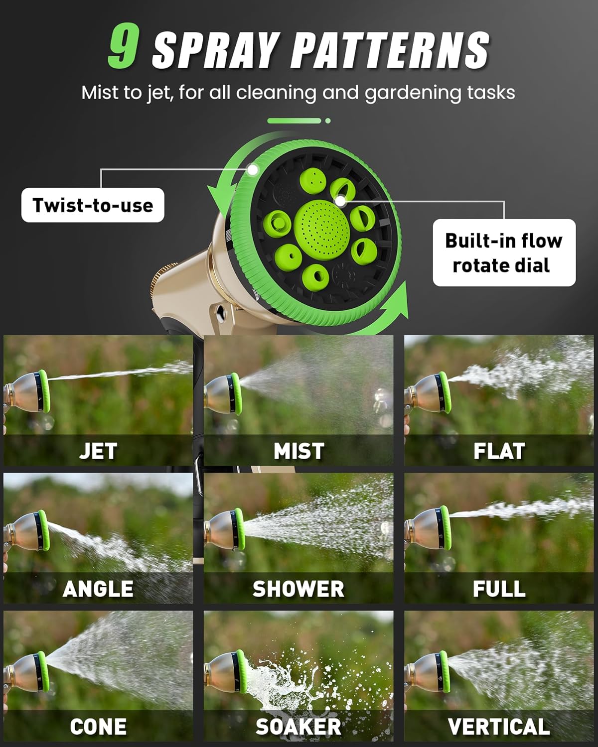 Garden Hose Nozzle, Heavy Duty Metal Water Hose Sprayer Nozzle with 9 Adjustable Spray Patterns, High Pressure Hand Sprayer for Watering Plants, Lawns, Car and Pet Washing (2Pack, Green)