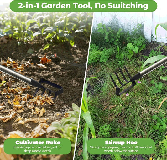 Garden Hoe,2 in 1 Heavy Duty Stirrup Hoe and Cultivator Gardening Tool with 60” Adjustable Long Handle,Lightweight Weeding Rake for Fast Weeds Grass Removal,Cultivating,Loosen Soil, Sharp Blade