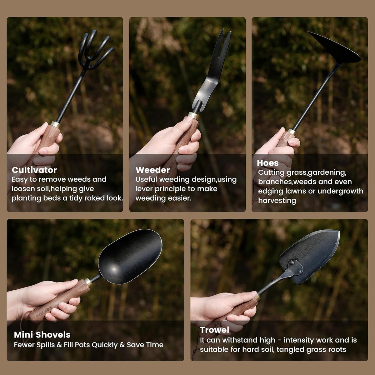 Garden Tool Set, 5PCS Gardening Tools, Stainless Steel Heavy Duty Hand Cultivator, Hoes, Shovel, Trowel and Weeder with Ergonomic Walnut Handle, Gardening Gifts for Women