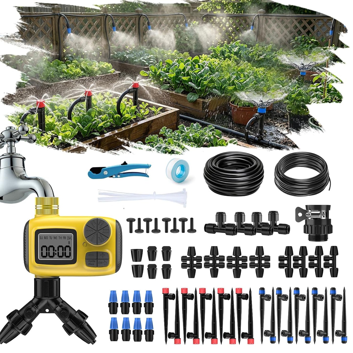 Drip Irrigation System, 165FT Garden Watering System with Water Timer for Garden Hose, Garden Irrigation with Soaker Hose & 3 Adjustable Nozzles, 80PCS Tool-Free DIY Setup for Greenhouse, Lawn