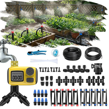 Drip Irrigation System, 165FT Garden Watering System with Water Timer for Garden Hose, Garden Irrigation with Soaker Hose & 3 Adjustable Nozzles, 80PCS Tool-Free DIY Setup for Greenhouse, Lawn