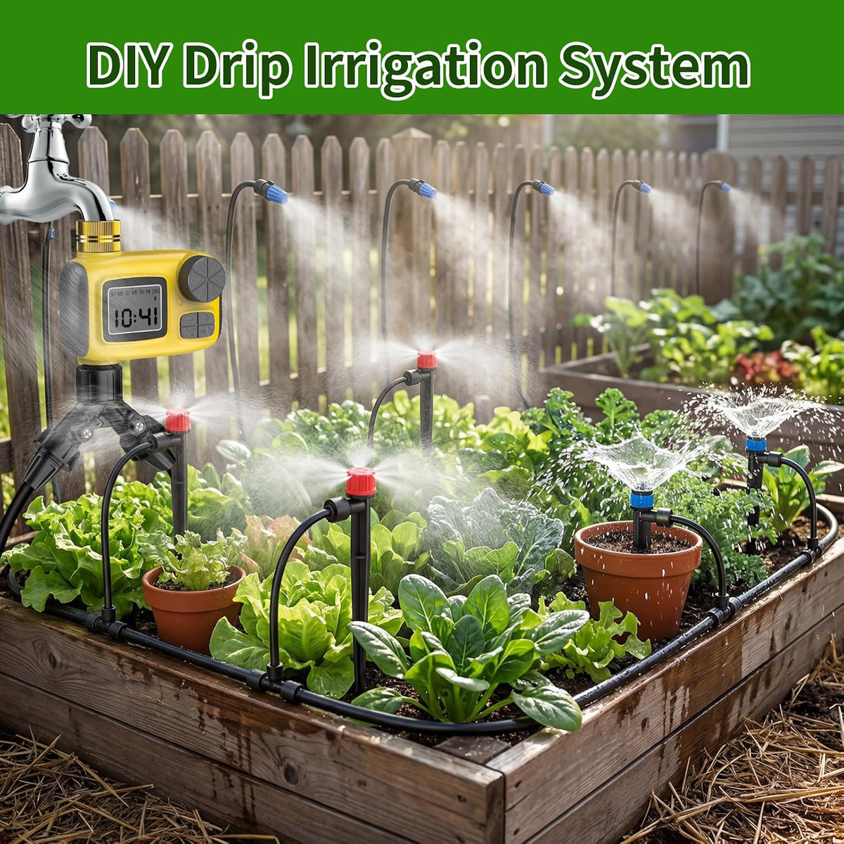 Drip Irrigation System, 165FT Garden Watering System with Water Timer for Garden Hose, Garden Irrigation with Soaker Hose & 3 Adjustable Nozzles, 80PCS Tool-Free DIY Setup for Greenhouse, Lawn