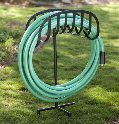 Liberty Garden Freestanding Decorative Powder Coated Steel Manger Garden Hose Holder Storage Stand with 3 Prong Anchor Support, Black