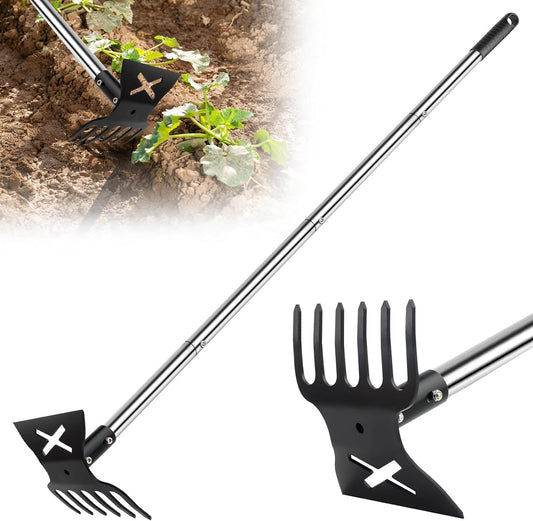 2 in 1 Garden Hoe for Weeding and Cultivator Rake with 57" Long Handle