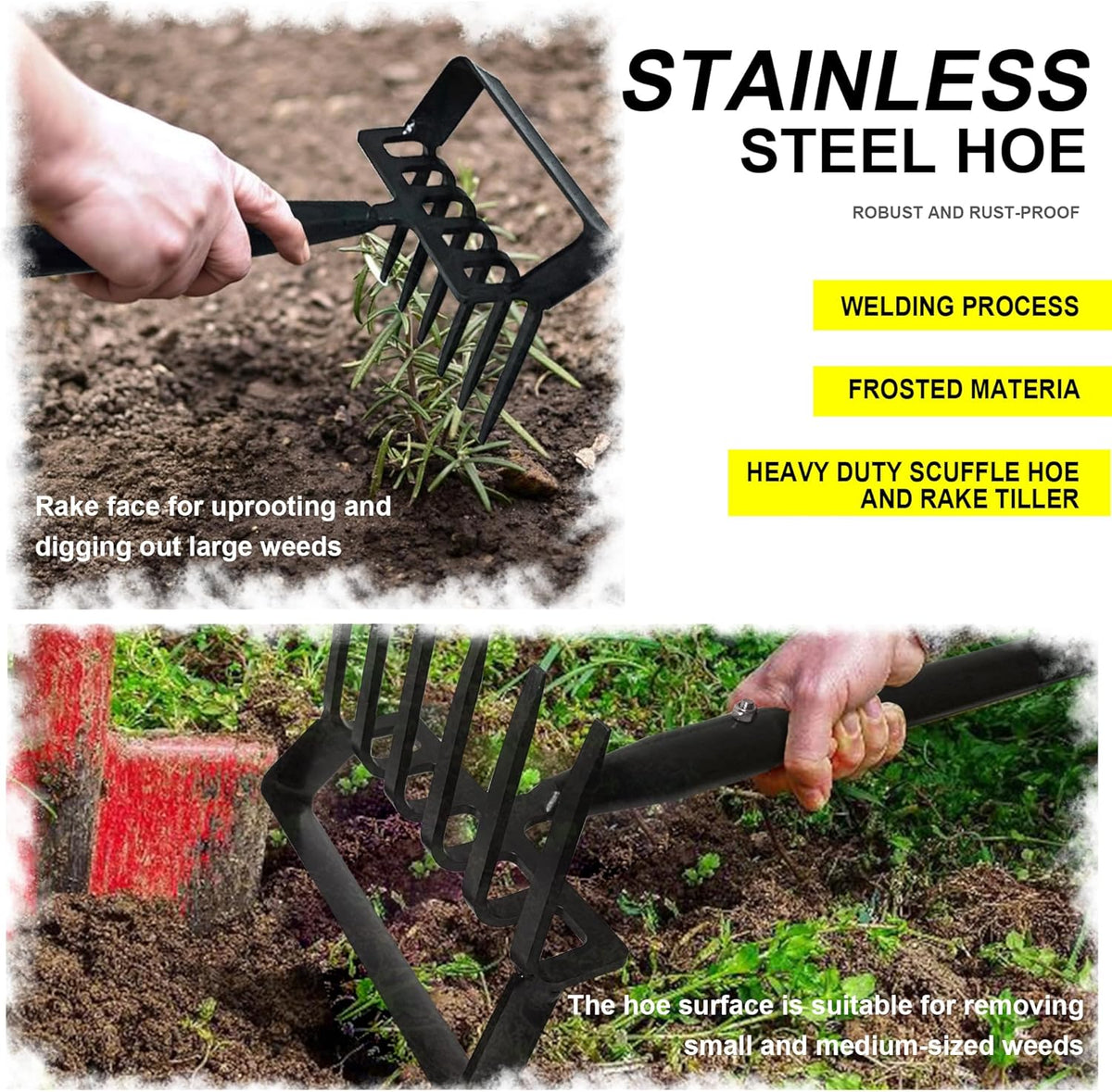 8-Tines Rake and Stirrup Hoe - Stainless Steel Cultivator for Gardening