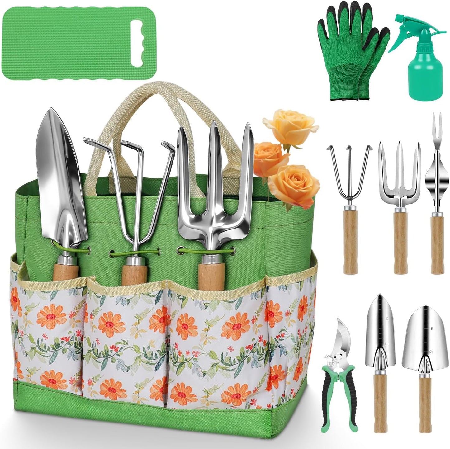 Gardening Tools 10-Piece Heavy Duty Stainless Steel Hand Tools with Durable Garden Tools Storage Tote,Rust-Proof Garden Tool Set, Ideal Gardening Gifts for Women Yellow Floral Pattern Design