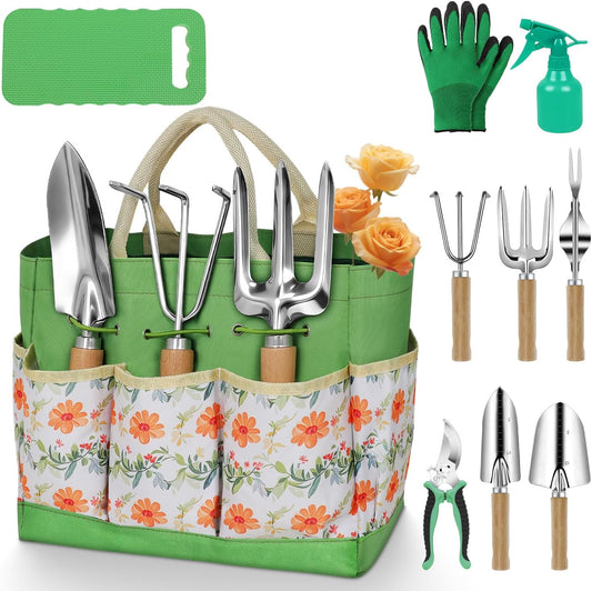 Gardening Tools 10-Piece Heavy Duty Stainless Steel Hand Tools with Durable Garden Tools Storage Tote,Rust-Proof Garden Tool Set, Ideal Gardening Gifts for Women Yellow Floral Pattern Design
