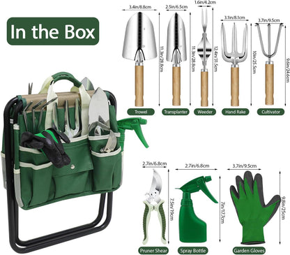 Gardening Tools 10-Piece Heavy Duty Stainless Steel Hand Tools with Durable Garden Tools Storage Tote,Rust-Proof Garden Tool Set, Ideal Gardening Gifts for Women Yellow Floral Pattern Design