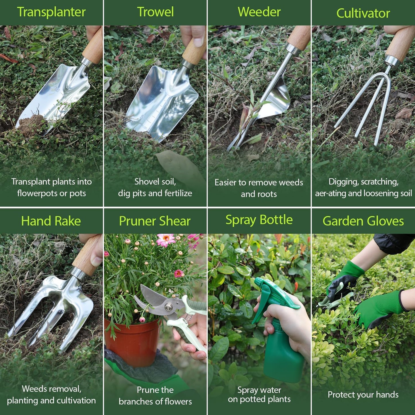 Gardening Tools 10-Piece Heavy Duty Stainless Steel Hand Tools with Durable Garden Tools Storage Tote,Rust-Proof Garden Tool Set, Ideal Gardening Gifts for Women Yellow Floral Pattern Design