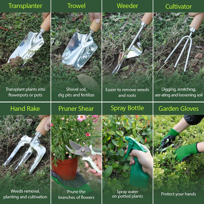 Gardening Tools 10-Piece Heavy Duty Stainless Steel Hand Tools with Durable Garden Tools Storage Tote,Rust-Proof Garden Tool Set, Ideal Gardening Gifts for Women Yellow Floral Pattern Design