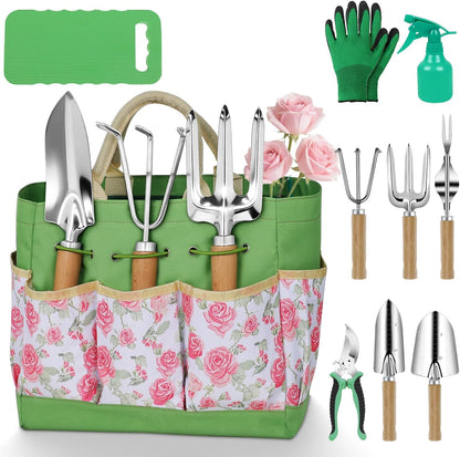 Gardening Tools 10-Piece Heavy Duty Stainless Steel Hand Tools with Durable Garden Tools Storage Tote,Rust-Proof Garden Tool Set, Ideal Gardening Gifts for Women Yellow Floral Pattern Design