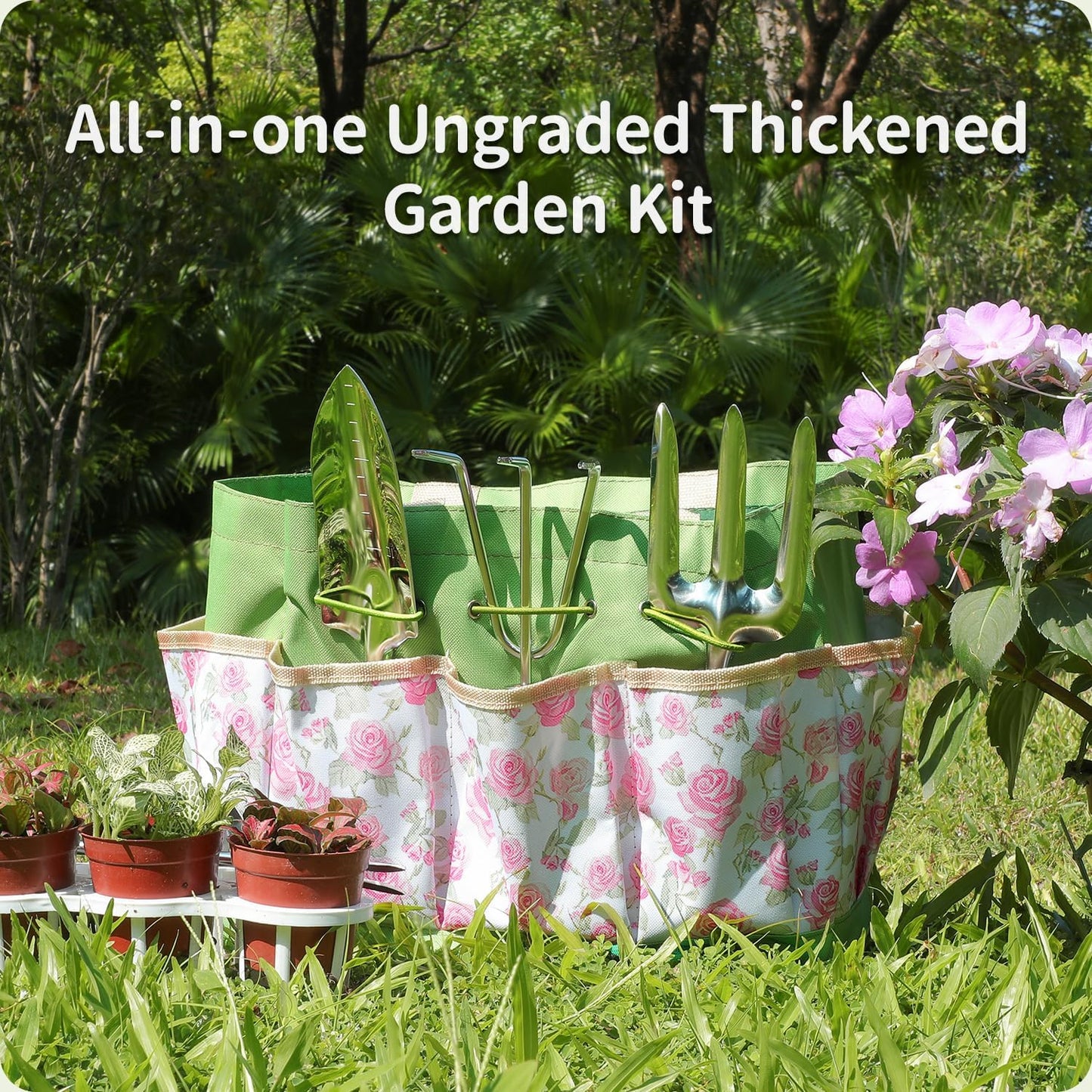 Gardening Tools 10-Piece Heavy Duty Stainless Steel Hand Tools with Durable Garden Tools Storage Tote,Rust-Proof Garden Tool Set, Ideal Gardening Gifts for Women Yellow Floral Pattern Design