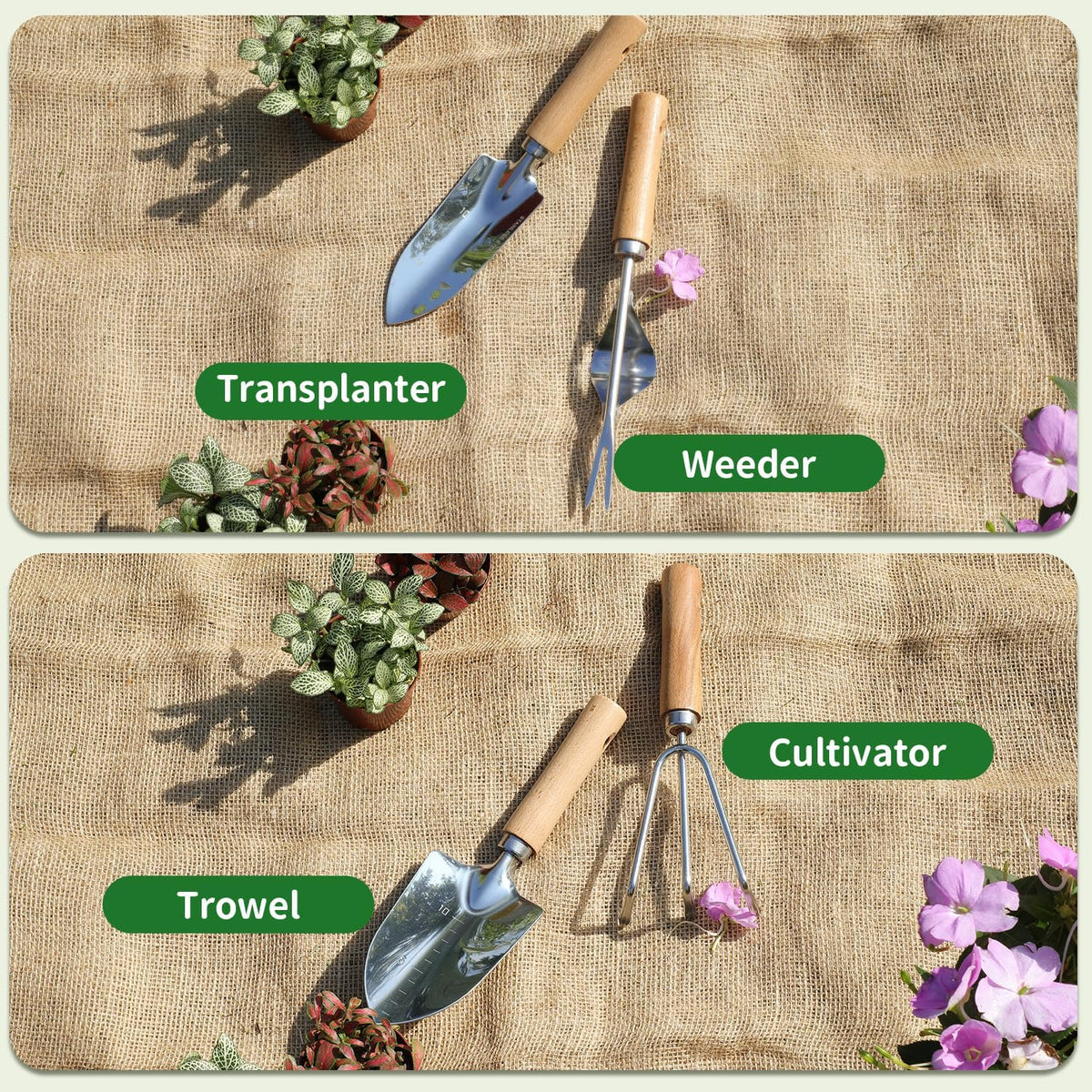 Gardening Tools 10-Piece Heavy Duty Stainless Steel Hand Tools with Durable Garden Tools Storage Tote,Rust-Proof Garden Tool Set, Ideal Gardening Gifts for Women Yellow Floral Pattern Design