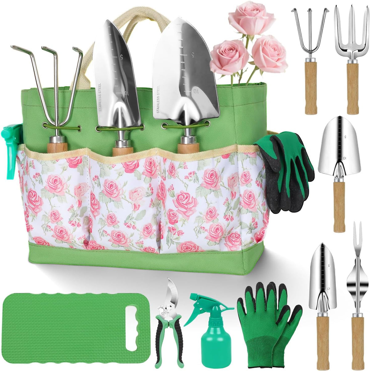 Gardening Tools 10-Piece Heavy Duty Stainless Steel Hand Tools with Durable Garden Tools Storage Tote,Rust-Proof Garden Tool Set, Ideal Gardening Gifts for Women Yellow Floral Pattern Design