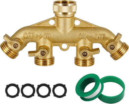 4 Way Brass Hose Splitter, 3/4" Brass Hose Faucet Manifold, Garden Hose Adapter Connector