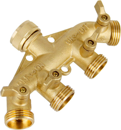 4 Way Brass Hose Splitter, 3/4" Brass Hose Faucet Manifold, Garden Hose Adapter Connector