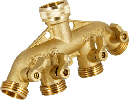 4 Way Brass Hose Splitter, 3/4" Brass Hose Faucet Manifold, Garden Hose Adapter Connector