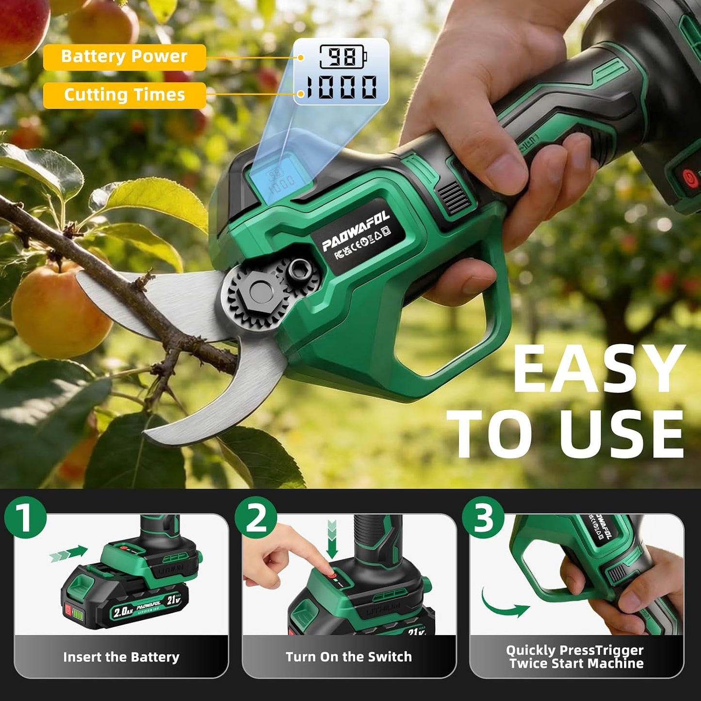 2.1“/54mm Electric Pruning Shears, Upgraded Cordless Electric Scissors, with Brushless Motor | Dual 2.0Ah Battery | Sk7 Blade | LCD Display for Heavy-Duty Garden, Orchard & Branch Cutter