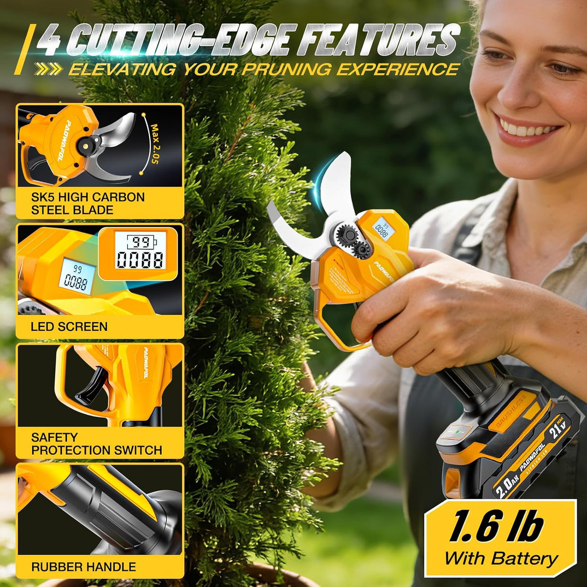 2.1“/54mm Electric Pruning Shears, Upgraded Cordless Electric Scissors, with Brushless Motor | Dual 2.0Ah Battery | Sk7 Blade | LCD Display for Heavy-Duty Garden, Orchard & Branch Cutter