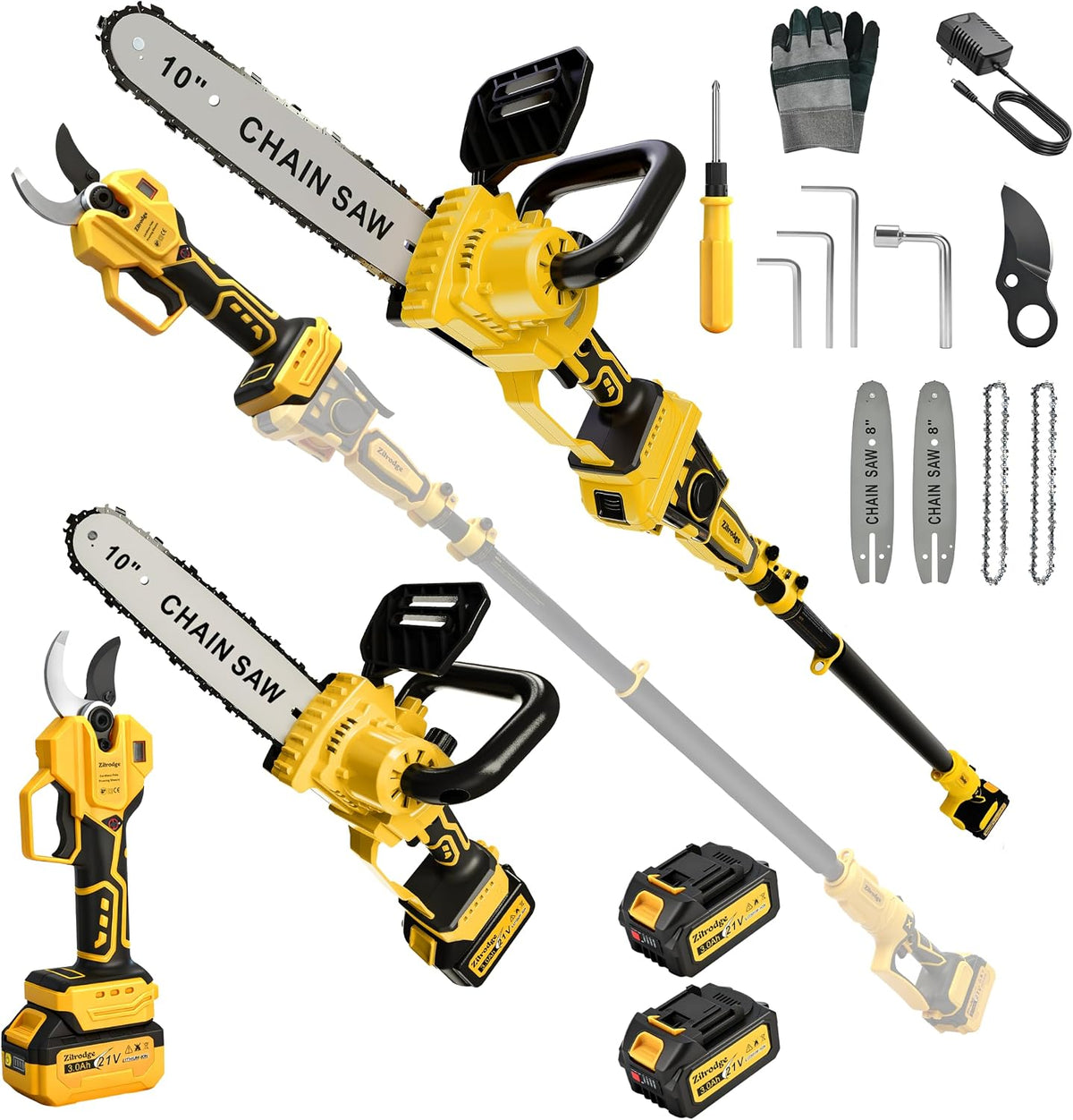 8 Inch/ 10 Inch Electric Pole Saws for Tree Trimming & Mini Chainsaw 4-IN-1, Cordless Pole Saw Battery Powered, Chain Saw with Extension Pole, Total Reach of Max 15ft, Limb Branch Cutter Pruner