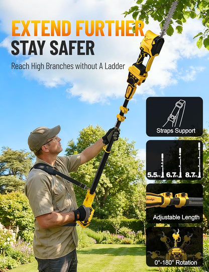 8 Inch/ 10 Inch Electric Pole Saws for Tree Trimming & Mini Chainsaw 4-IN-1, Cordless Pole Saw Battery Powered, Chain Saw with Extension Pole, Total Reach of Max 15ft, Limb Branch Cutter Pruner